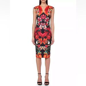 TED BAKER Bismii Toucan Print Multicolor Tropical Black Bodycon Midi Dress